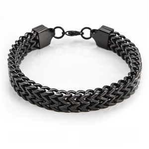 Close-up of black matte stainless steel Franco chain bracelet with robust lobster clasp