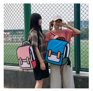 Outdoor shot of 2D comic style backpacks in pink and blue colors on a school playground