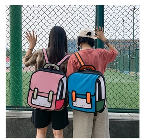 Pink and blue 2D cartoon effect backpacks worn by models in an outdoor field setting
