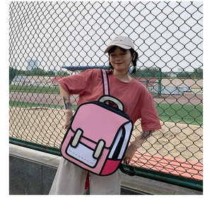 Outdoor detailed view of the pink 2D cartoon style backpack with bold black outlines