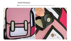 Detail showing the magnetic metal buckle on a 2D cartoon style pink messenger bag