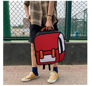 Detailed outdoor shot of the 2D comic style backpack with bold red and black outlines