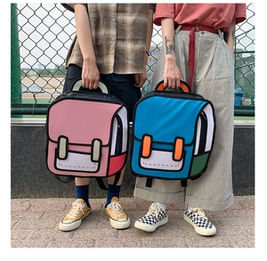 Outdoor shot of stylish pink and blue 2D cartoon style backpacks for men and women