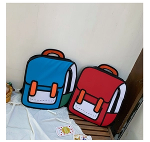Detail shot of 2D cartoon style backpacks in blue and red high density fabric