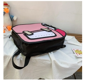 Detail of pink 2D cartoon style backpack with bold black outlines and nylon fabric