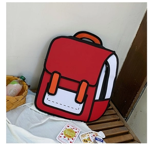 Detailed view of a 2D cartoon style backpack in red on a wooden bench with canvas texture