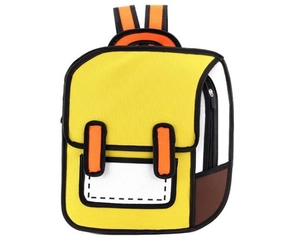Detailed front view of a 2D cartoon style yellow backpack with bold black outlines