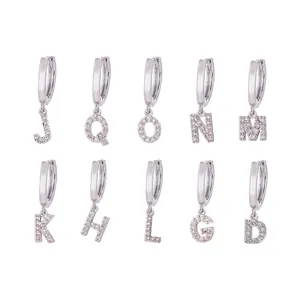 Silver letter hoop earrings set with zircon stones including letters J, Q, O, N, M, K, H, L, G, D