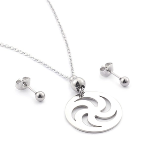 Minimalist silver stainless steel jewelry set with spiral hollow pendant and stud earrings