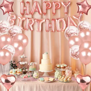 Rose gold birthday party decoration set with happy birthday foil balloons and star confetti