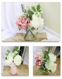 Detailed view of artificial peonies with lush petals and leaves in a chic vase