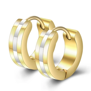 Detail view of 4mm stainless steel hoop earrings with brushed gold and silver finish