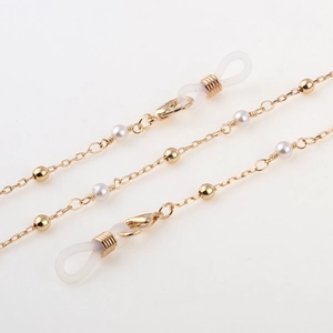 Golden pearl eyewear chain with lobster clasps and silicone loops for glasses