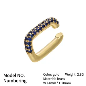 Gold plated C-shaped cuff earring with micro-pave blue stones in 14mm by 20mm size