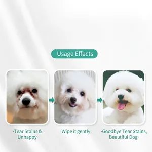 Three-step comparison of pet eye wipes removing tear stains on a white dog