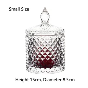 Small diamond pattern crystal glass storage jar with pointed lid, 15cm height