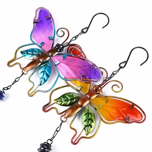 Colorful metal butterfly wind chime ornaments with vibrant purple and blue glass wings