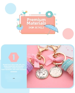 Detail of macaron keychain with silk bow and gold coin pendants in pink and blue
