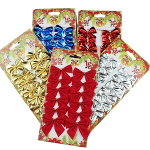 Set of 12 small flocked Christmas bows in red gold and silver for holiday tree decoration