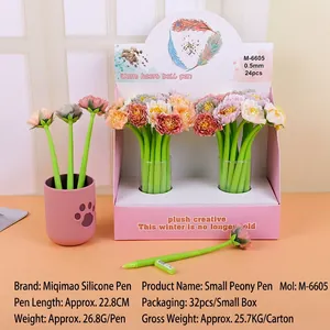 Close-up of creative plush flower pens in a pink cat paw holder with premium gift box