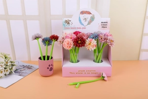 Close-up of 0.5mm rose-shaped silicone pens in a pink display box and pen holder