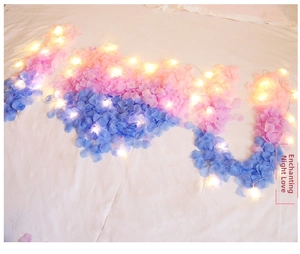 Close-up of pink and blue artificial rose petals with warm yellow LED fairy lights