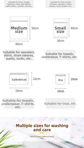 Size guide for thick fine mesh laundry bags showing dimensions for bras and sweaters