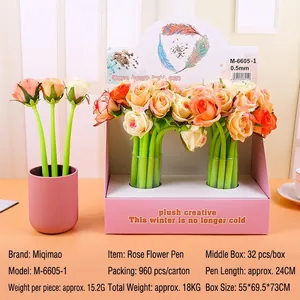 Detail of rose-shaped gel pens with 0.5mm tips and colorful silk flower heads