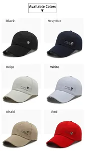 Six colors of minimalist cotton baseball caps featuring a metal shield logo and curved brim