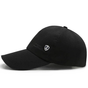 Classic black casual baseball cap featuring white sports embroidery and shield badge