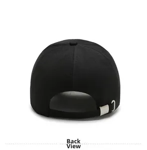 Rear view of black cotton baseball cap showing adjustable metal buckle closure