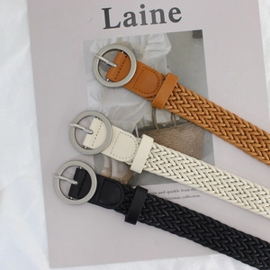Women's braided wax rope belts with round metal buckles in brown, cream and black colors