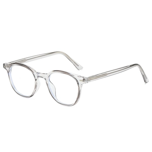 Minimalistische transparente Rundbrille mit Blaulichtfilter und Metalleinsatz im Gestell