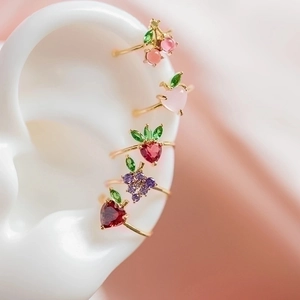 Fashion Tropical Fruit Shaped Ear Bone Clip Non Pierced Earrings Copper Rhinestone Gold Plated Cherry Peach Grapes Ear Cuff For Women