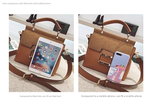 Brown crossbody bag capacity demo showing it can hold an iPad mini and a smartphone