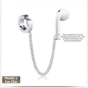 Detail showing silver anti-loss ear clip chain with silicone loop for wireless earbuds
