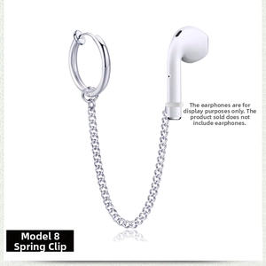 Silver anti-lost earring chain with spring clip and silicone loop for wireless earbuds