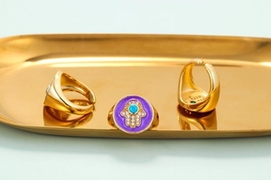 Vintage verstelbare Hamsa Hand ringen set met paars emaille en fonkelende kristallen