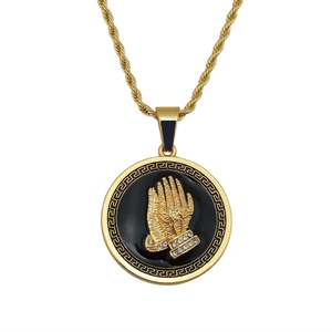 Gold-plated hip hop prayer hands pendant necklace with black enamel and Greek fret pattern