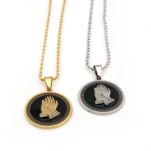 Detailed comparison of gold and silver hip-hop praying hands pendants on rope chains