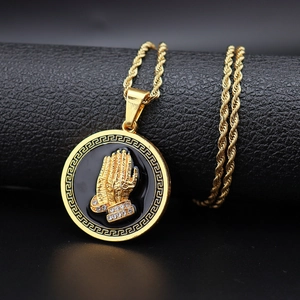 Hip Hop Praying Hands Pendant Necklace Alloy Rhinestone Greek Fret Border Religious Jewelry For Men Women