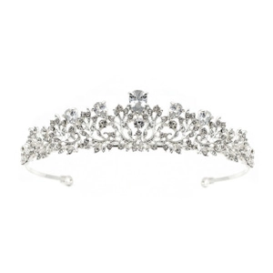 Detailed view of silver bridal crown featuring shimmering floral rhinestones and crystals
