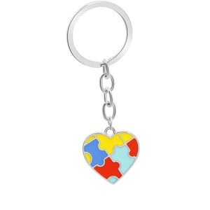 Colorful puzzle heart keychain in alloy with silver metal chain and split ring