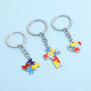Three-piece colorful puzzle keychain set with heart and cross charms for best friends