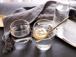 Detail of elegant gold-rimmed crystal glasses with lemon slices on a dark tabletop