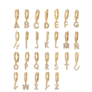 Gold plated hoop earrings with micro-paved cubic zirconia alphabet letter pendants A-Z