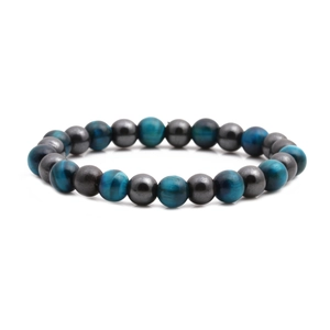 Blue tiger eye stone and hematite beaded stretch bracelet for men and women on white background