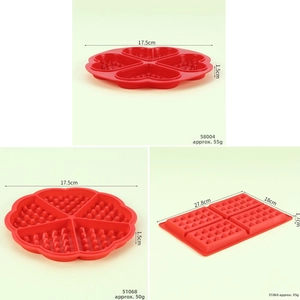 Detailed views of silicone waffle molds in heart and square shapes with size specifications
