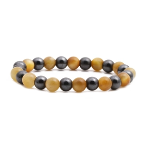 Detail view of hematite and tiger eye beaded bracelet on white background