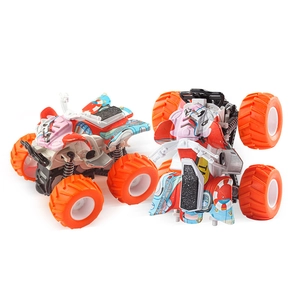 Set of two inertial 4WD off-road stunt toy cars with big orange tires and graffiti design